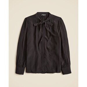 J Crew Womens Blouse Sz 0 Black Tie Neck Crepe de Chine Top Minimalist Shirt